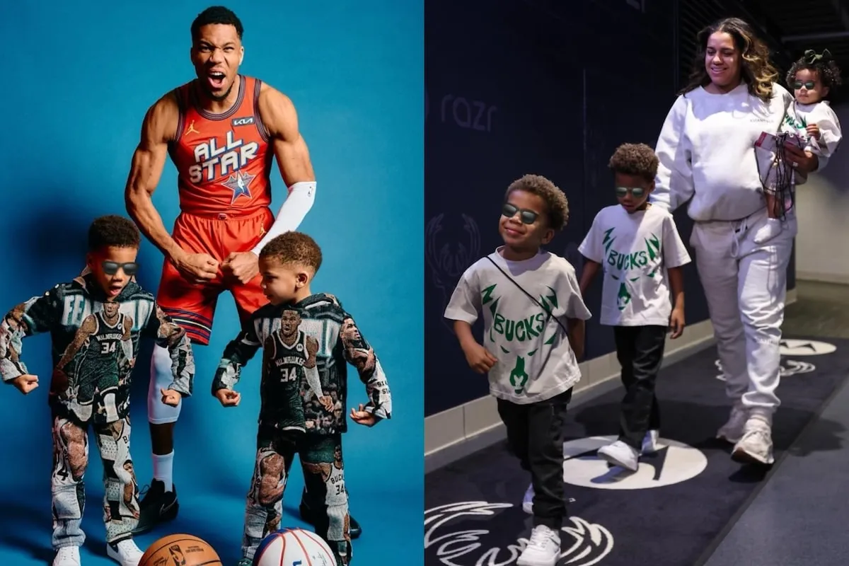 Side by side photos of Giannis Antetokounmpo flexing his muscles with his two sons and his wife Mariah walking with his sons and their daughter before a Bucks game