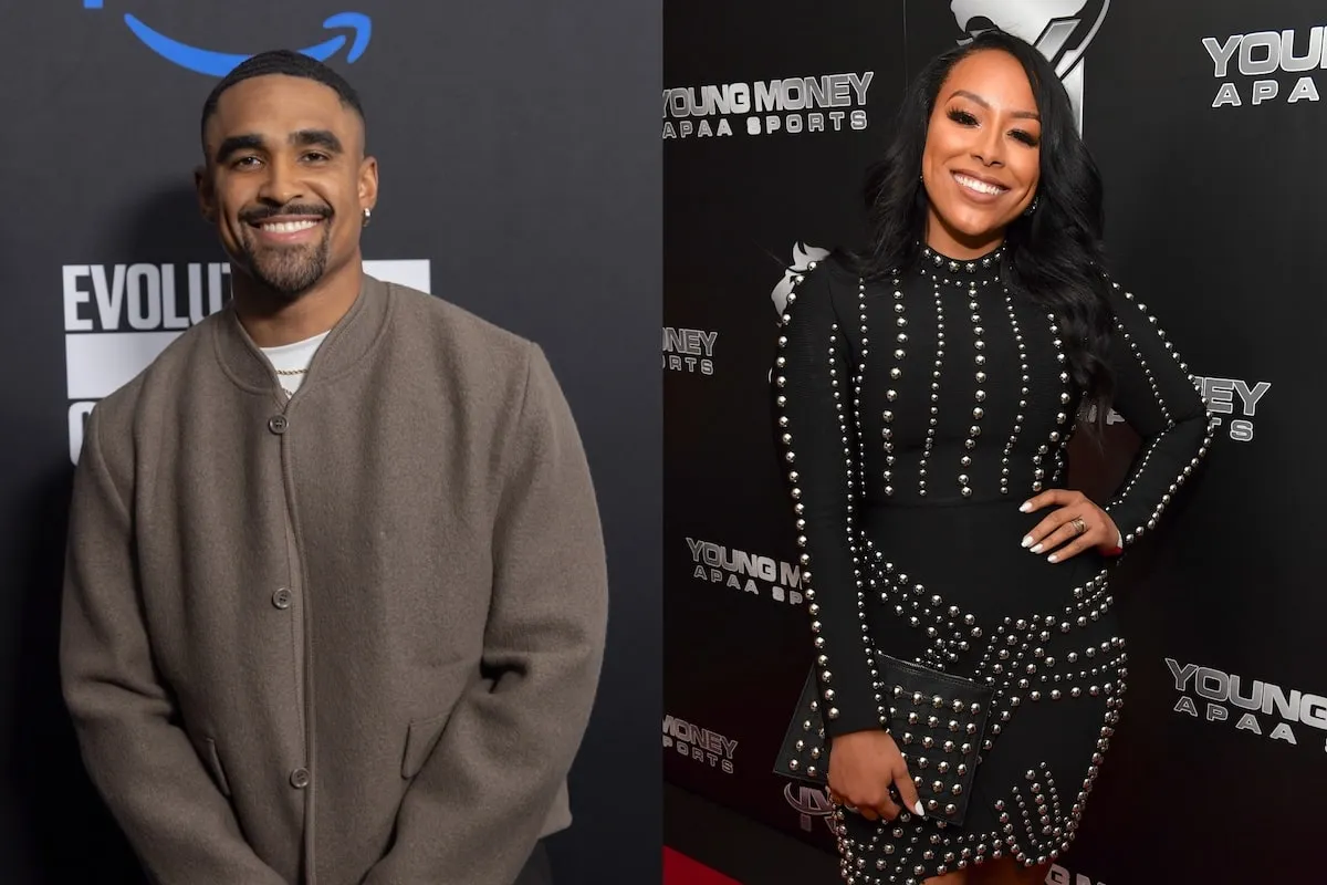 Side by side photos of Jalen Hurts and his agent Nicole Lynn, both standing on red carpets