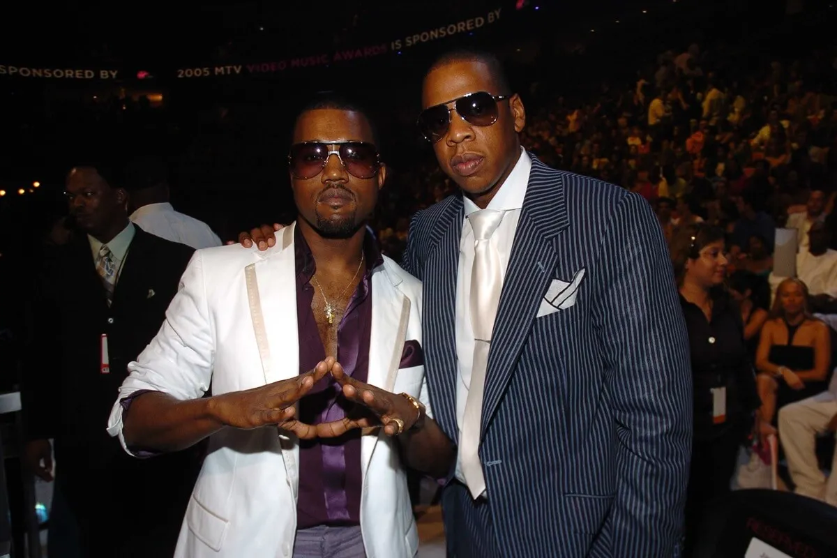 Kanye West and Jay Z attend Backstage at the 2005 MTV Video Music Awards at Continental Airlines Arena.