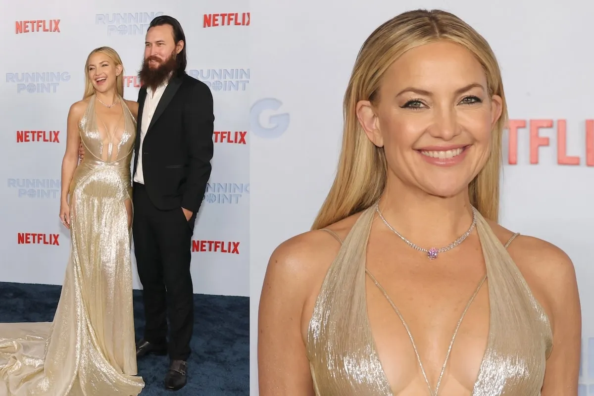 Wearing a gold gown, Kate Hudson poses with her fiancé Danny Fujikawa at the premiere of Netflix's 'Running Point'