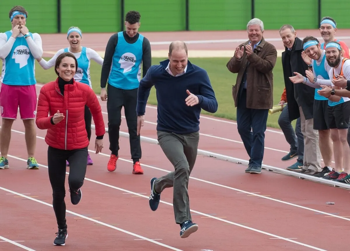 Kate Middleton and Prince William take part in a race during a training day for the Heads Together team for the London Marathon