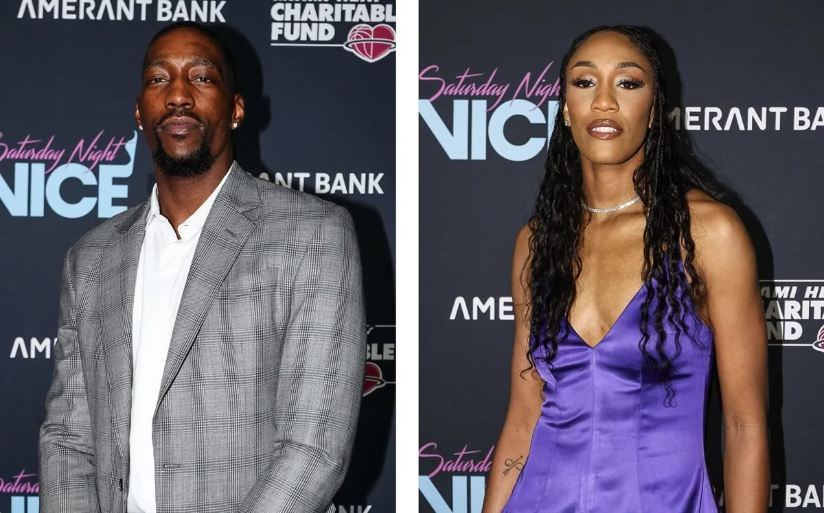 (L) Bam Adebayo poses for photo at Annual Miami Heat Charitable Gala, (R) A'ja Wilson poses for photo at Annual Miami Heat Charitable Gala