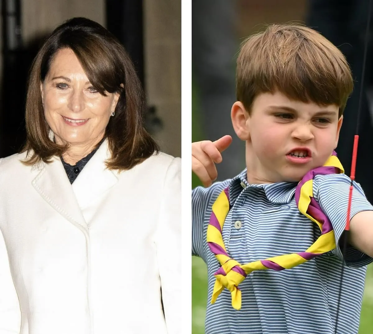 (L) Carole Middleton attends the 'Together At Christmas' Carol Service, (R) Prince Louis tries his hand at archery while taking part in the Big Help Out in London