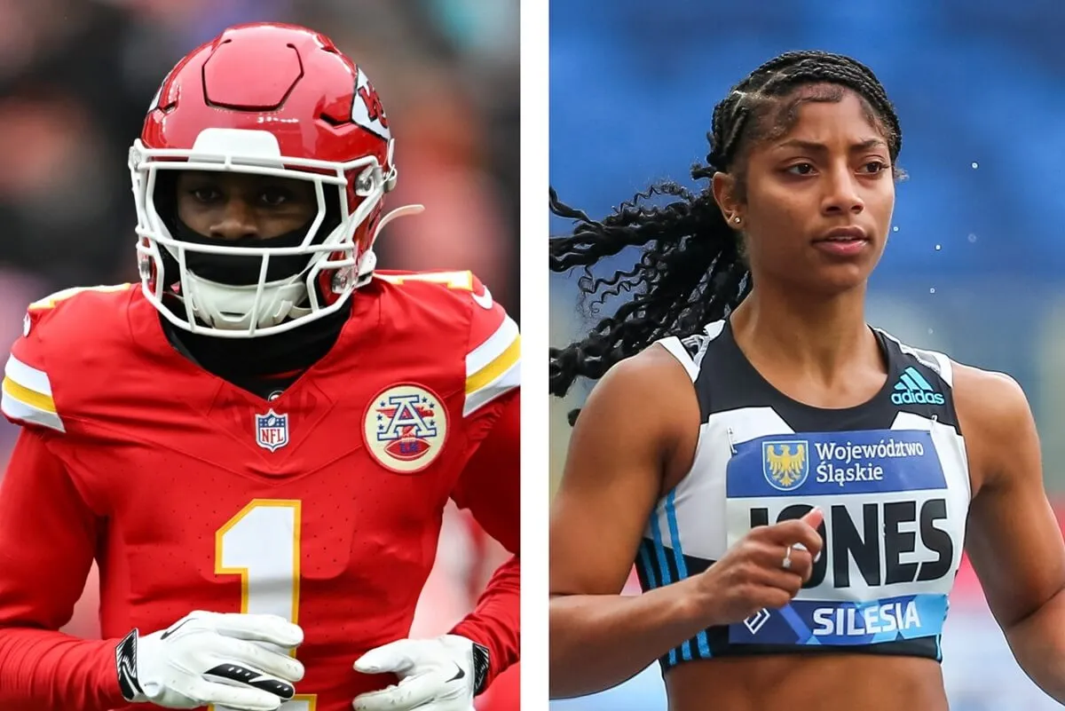 (L): Chiefs receiver Xavier Worthy warms up before game, (R): Track star Tia Jones during meet in Poland