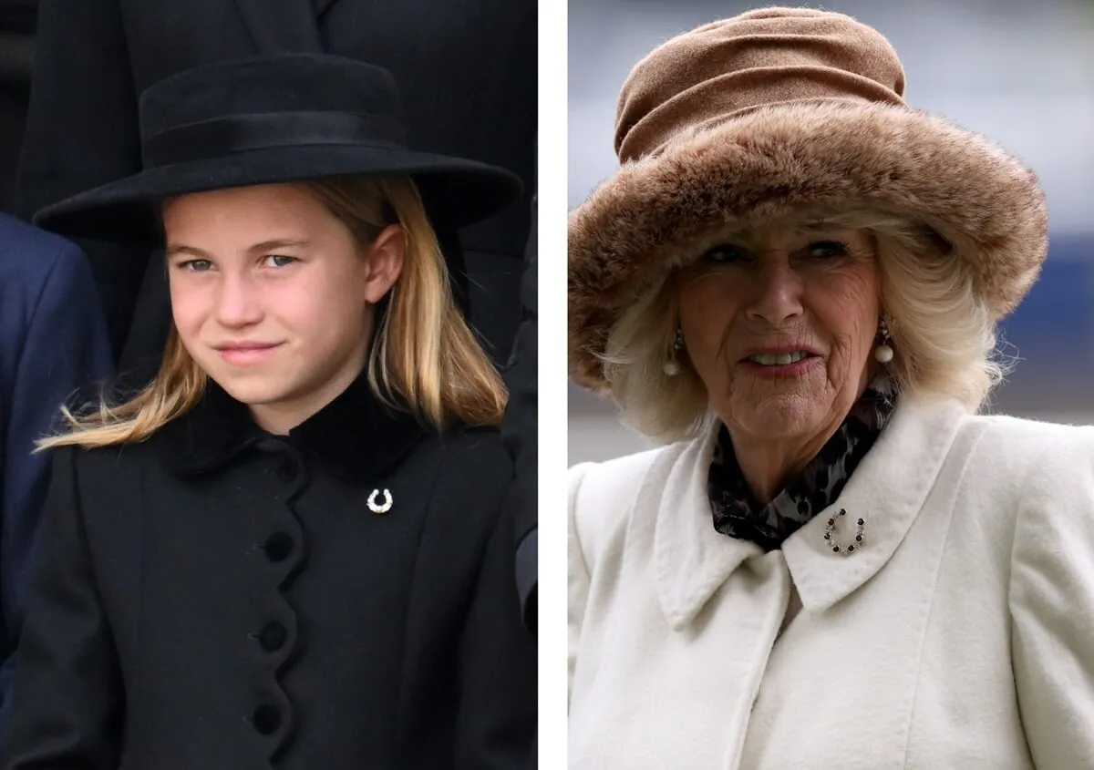 (L) Princess Charlotte wearing a horseshoe broach to Queen Elizabeth's funeral, (R) Queen Camilla wearing a horseshoe broach to Ascot Racecourse