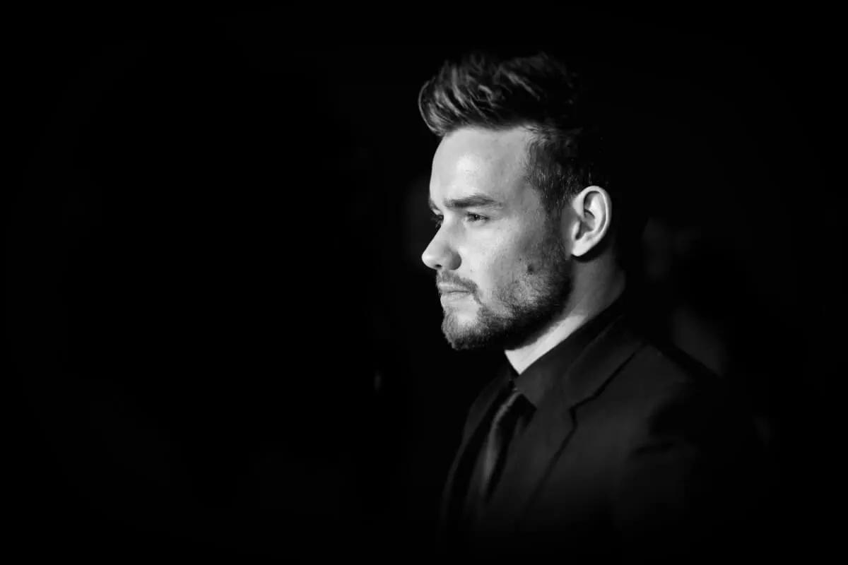 A black and white picture of Liam Payne's profile.