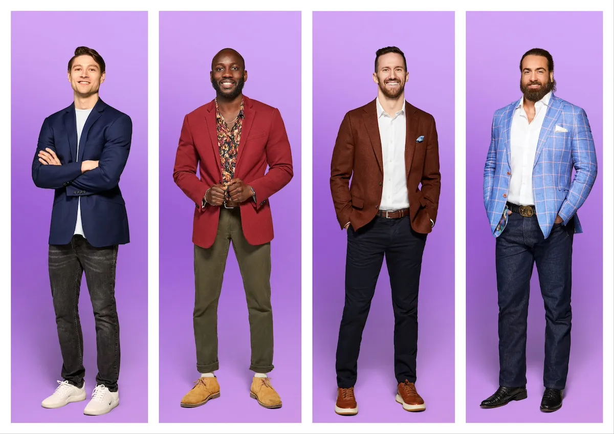 Four men from 'Love Is Blind' Season 8 on purple background