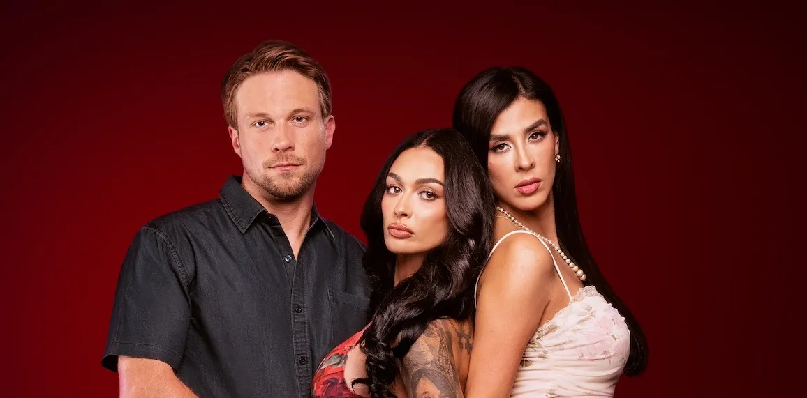 Portrait of Matt, Amani, and Any from '90 Day Fiance' Season 11 on a red background