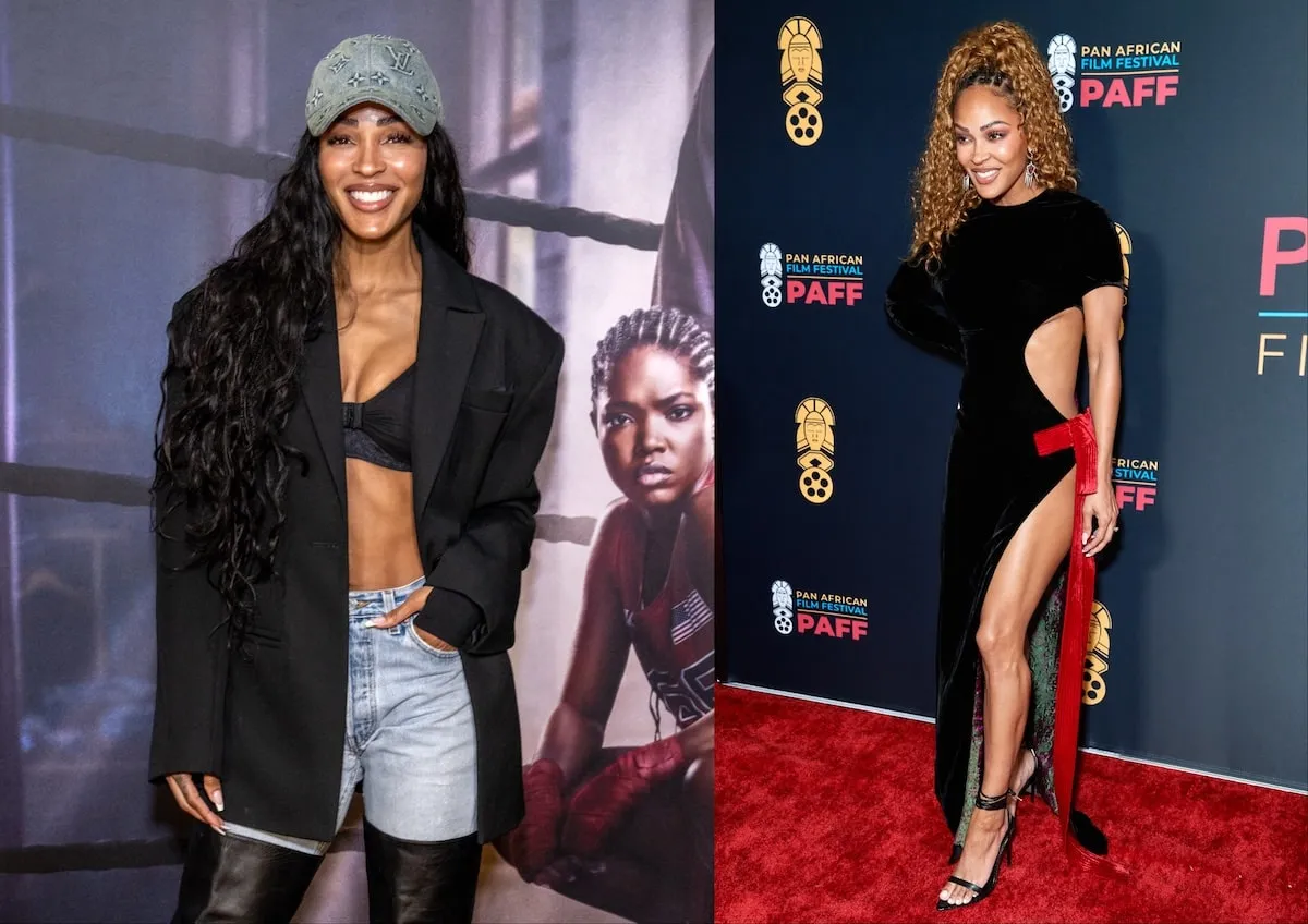 Side by side photos of Meagan Good showing off her stomach at different media events in 2024 and 2025