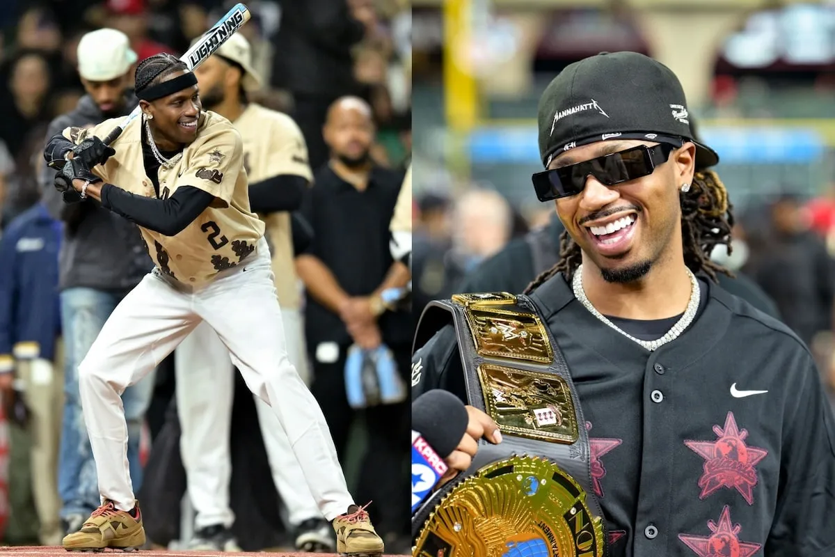 Rappers Travis Scott bats and Metro Boomin laughs at the 2025 Cactus Jack Foundation HBCU Celebrity Softball Classic