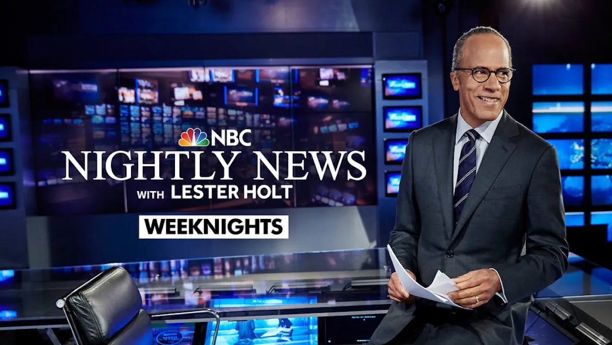 Key art for 'NBC Nightly News' featuring a photo of Lester Holt standing and holding papers