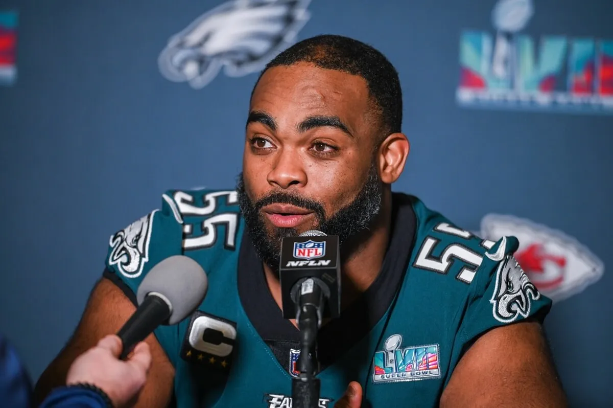 Philadelphia Eagles defensive end Brandon Graham speaks during a press conference ahead of Super Bowl LVII in Phoenix, Arizona