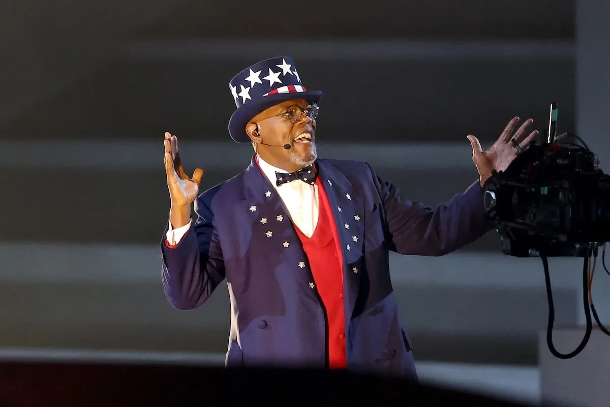 Wearing a red, white, and blue Uncle Sam suit, Samuel Jackson performs onstage during the Super Bowl LIX Halftime Show at Caesars Superdome on February 9, 2025 in New Orleans