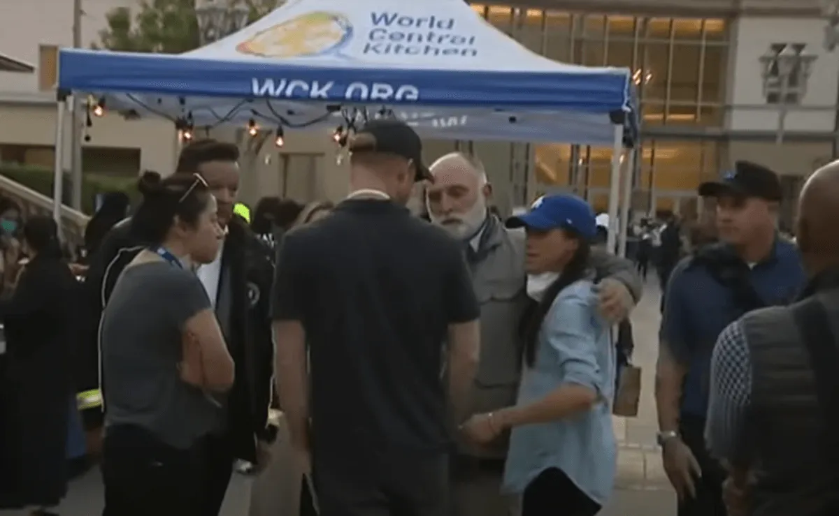 Screenshot of Prince Harry and Meghan Markle visiting victims of LA wildfires via Sky News Australia YouTube channel