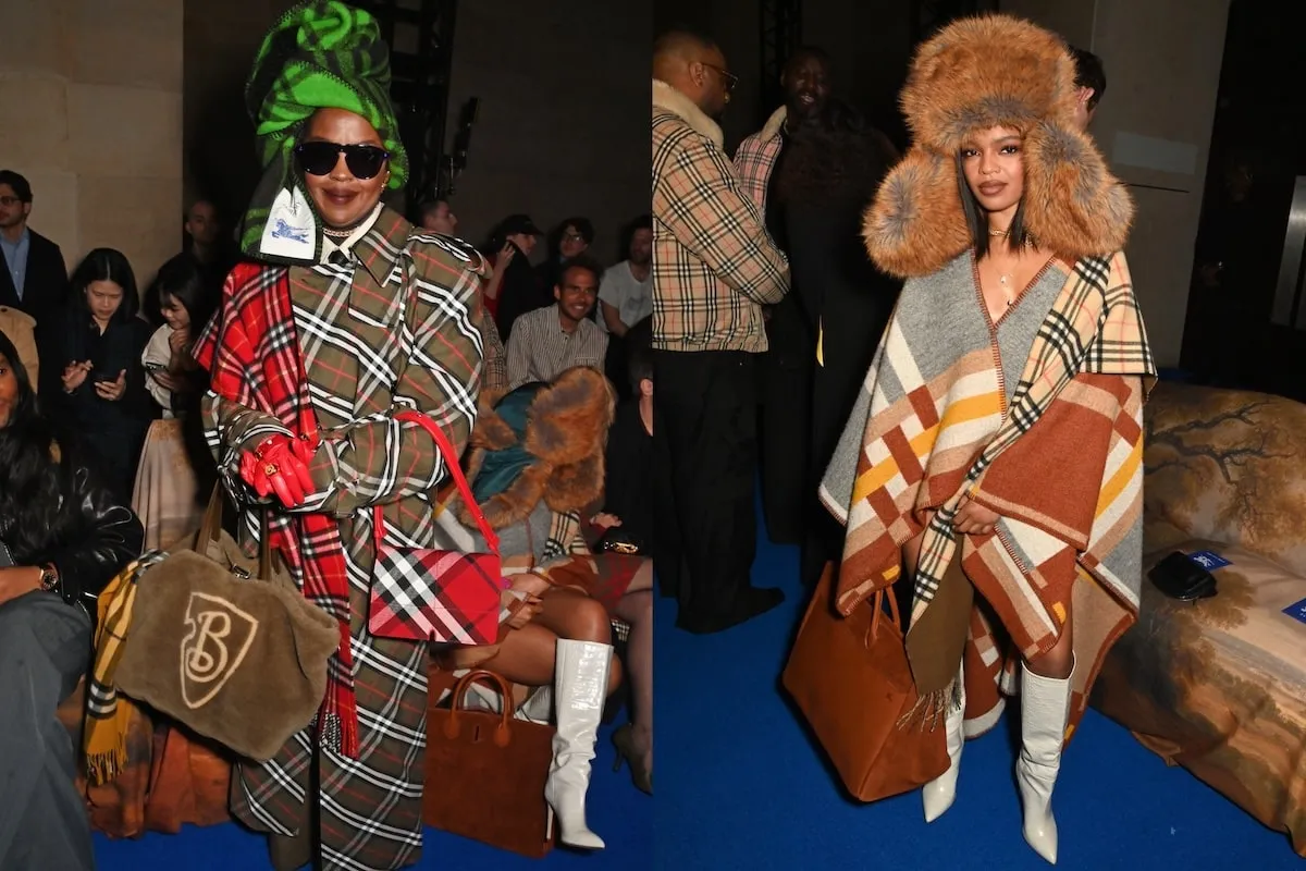 Both wearing Burberry plaid, Lauryn Hill and Selah Marley pose for photos at the Burberry Winter 2025 show