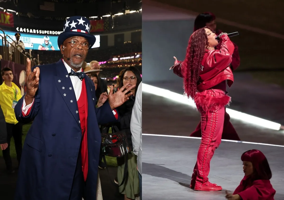 Side by side photos of Samuel L. Jackson and SZA performing during Super Bowl LIX