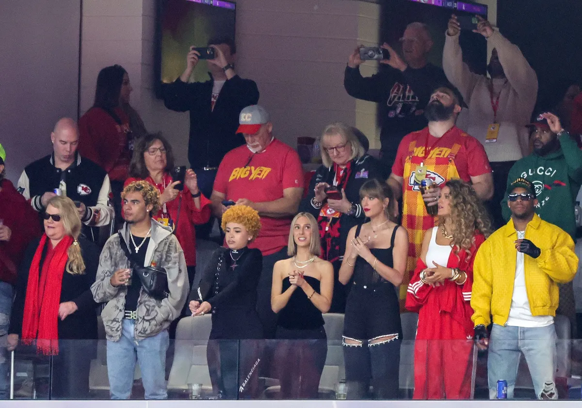 Taylor Swift, along with friends and family, including Donna and Jason Kelce, watfch Super Bowl LVIII from a private suite in 2024.