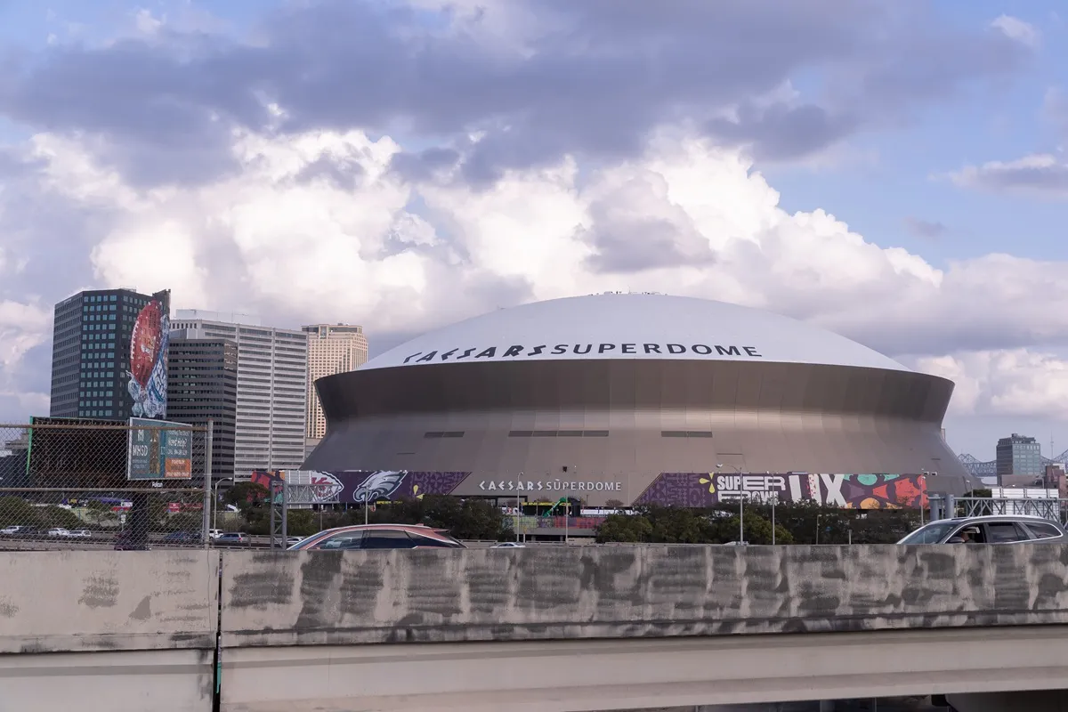 The Ceasars Superdome general view outside the stadium on February 7, 2025 in Orleans, Louisiana. Ahead the Super Bowl LIX match between Kansas City Chiefs and Philadelphia Eagles at Caesars Superdome on February 9, 2025 in New Orleans, Louisiana