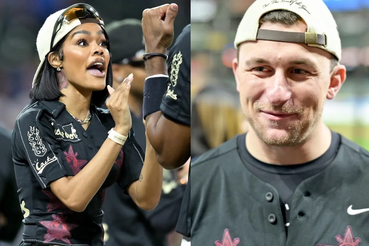 Celebrities Teyana Taylor and Johnny Manziel stand on the sideline at the 2025 Cactus Jack Foundation HBCU Celebrity Softball Classic