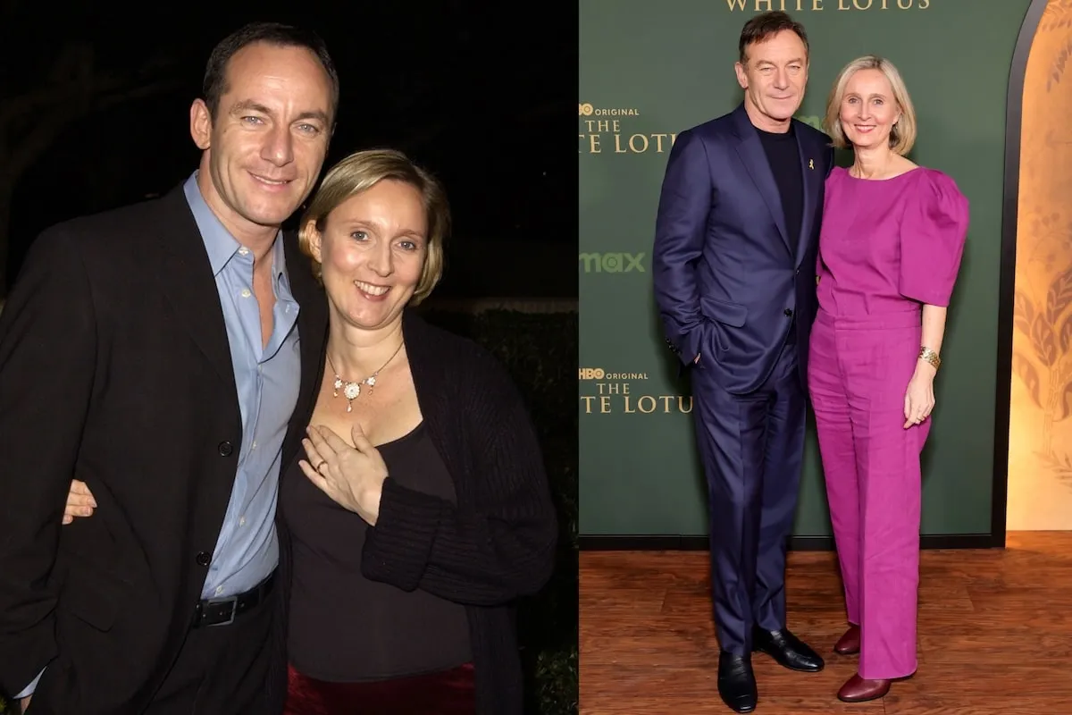 Side by side photos of Jason Isaacs and wife Emma Hewitt the year they married and in 2025