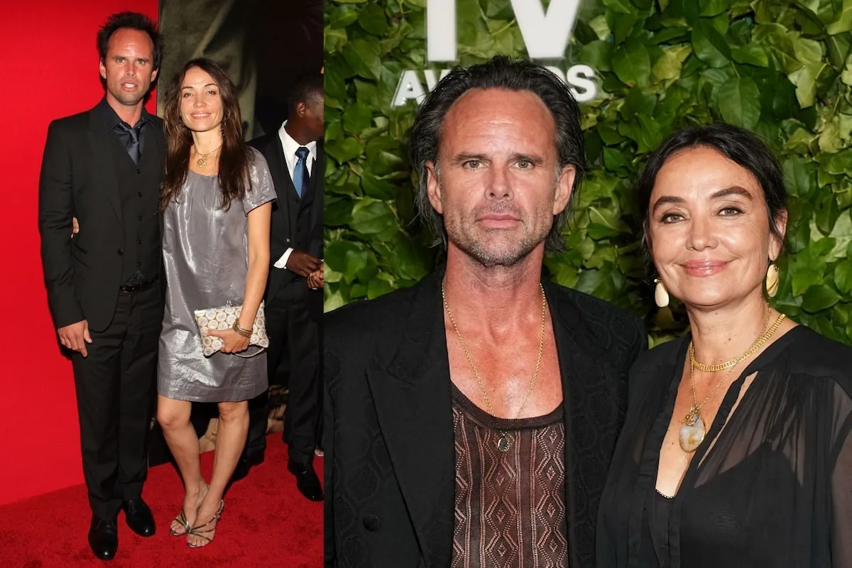 Wearing a black suit, Walton Goggins poses with his wife, filmmaker Nadia Conners, at a 2024 movie premiere