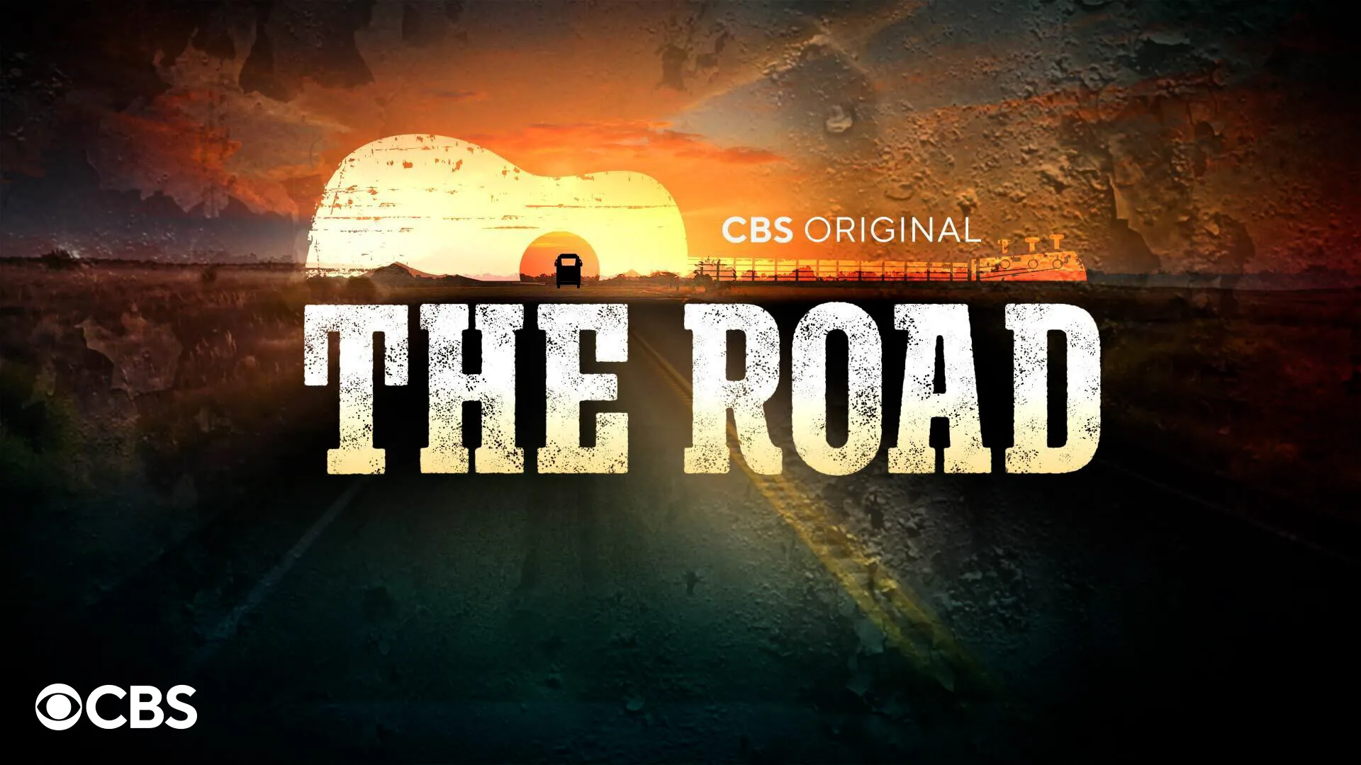 Key art for the CBS series 'The Road,' with a stylized image of a guitar as a rising sun