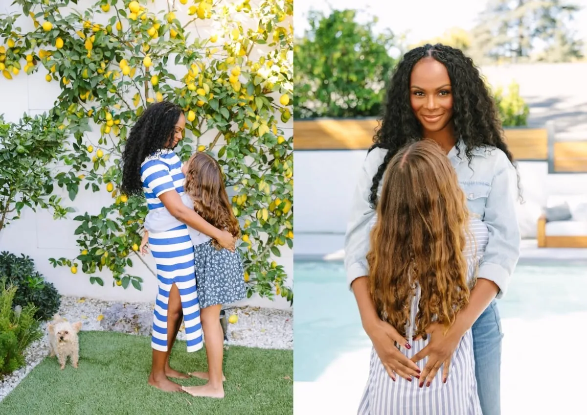 Actress Tika Sumpter poses with her daughter Ella next to a lemon tree in her backyard