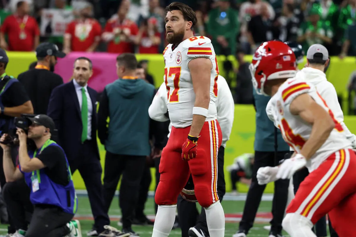 Travis Kelce during Super Bowl LIX, where Taylor Swift was booed, during pregame