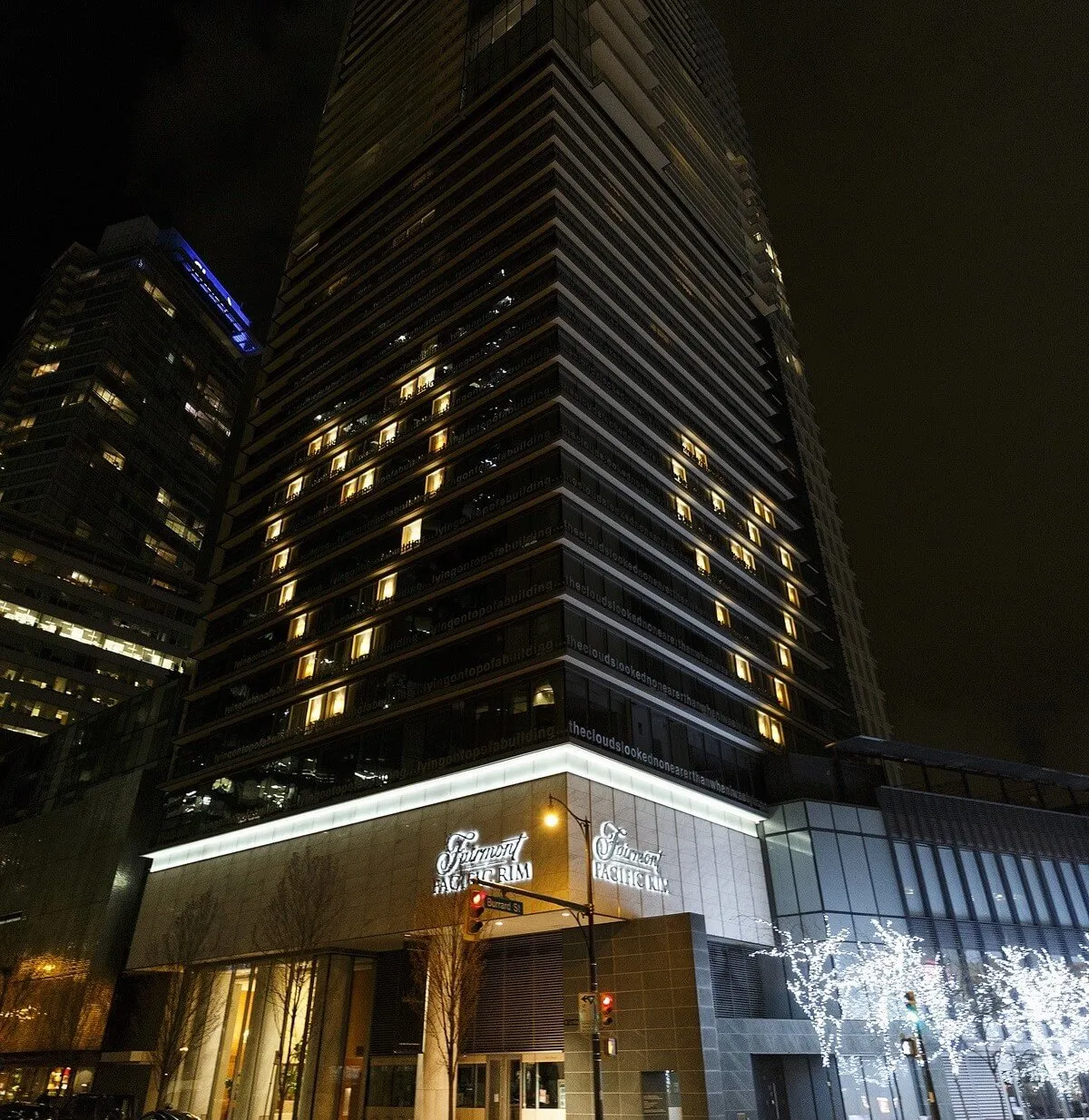 Window lights are illuminated in the shape of a heart at the Fairmont Pacific Rim Hotel in Vancouver, Canada