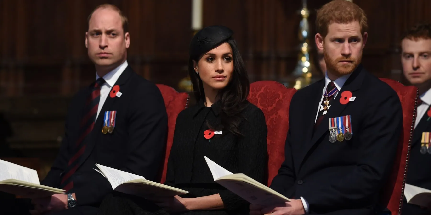 Prince William, Meghan Markle, and Prince Harry attend an Anzac Day service at Westminster Abbey on April 25, 2018 in London, England.