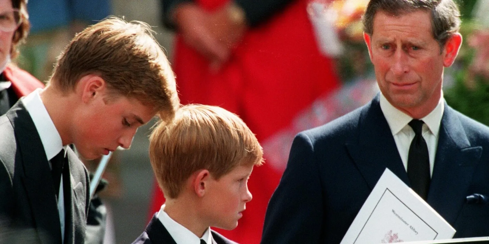 Prince William, Prince Harry and King Charles at Princess Diana's funeral in September 1997