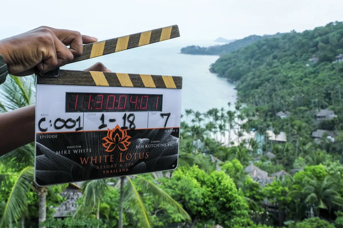 A clapperboard overlooking a bay in Thailand