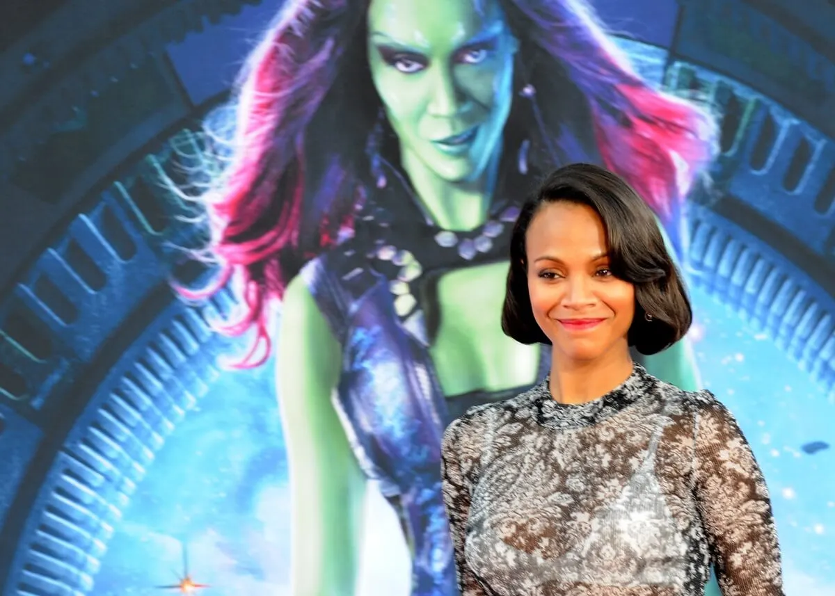 Zoe Saldana posing at the premiere of a 'Guardians of the Galaxy' movie.